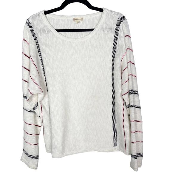 Hem & Thread Medium M White Striped Sleeve Scoop Neck Sweater Red Black Cotton - Picture 1 of 10